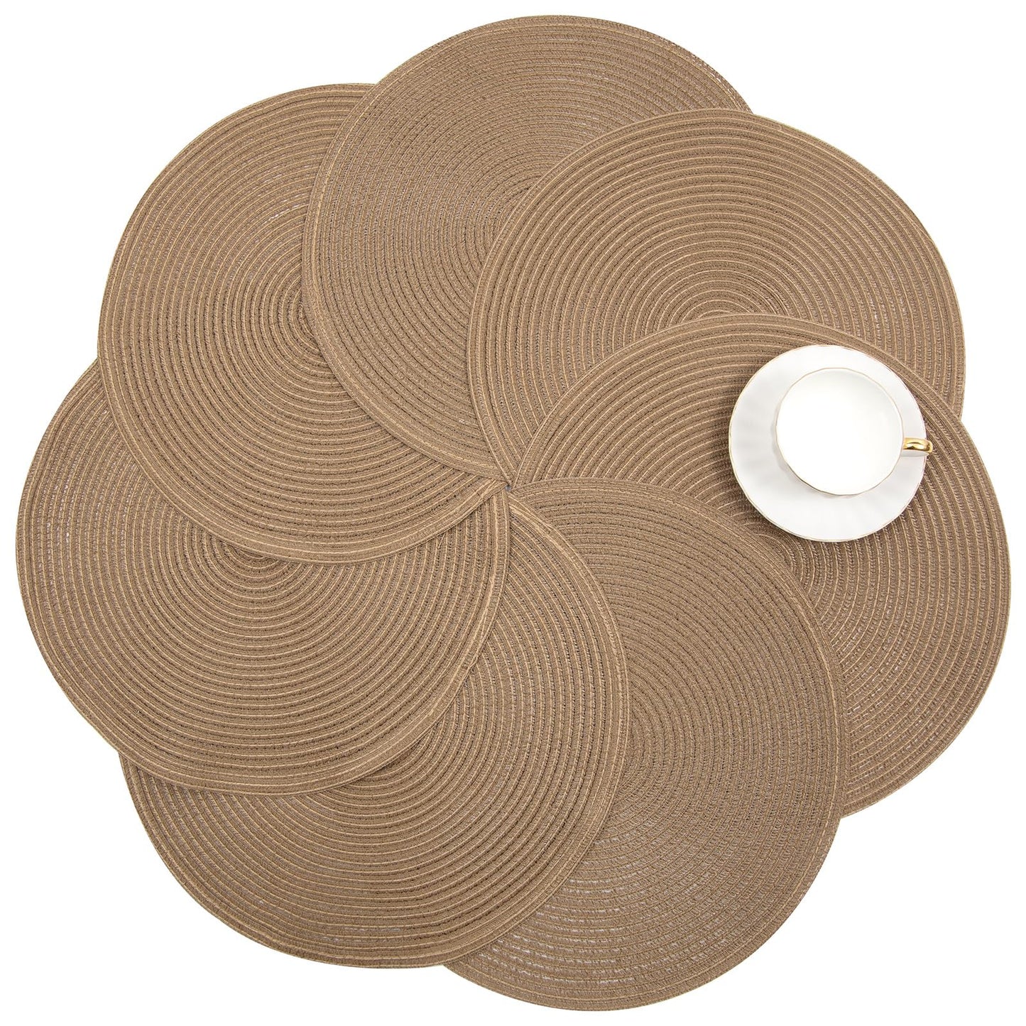 SHACOS Round Placemats Set of 4 Woven Braided Kitchen Table Placemats 15 inch Round Place Mats Washable Table Mats Indoor Outdoor, Brown