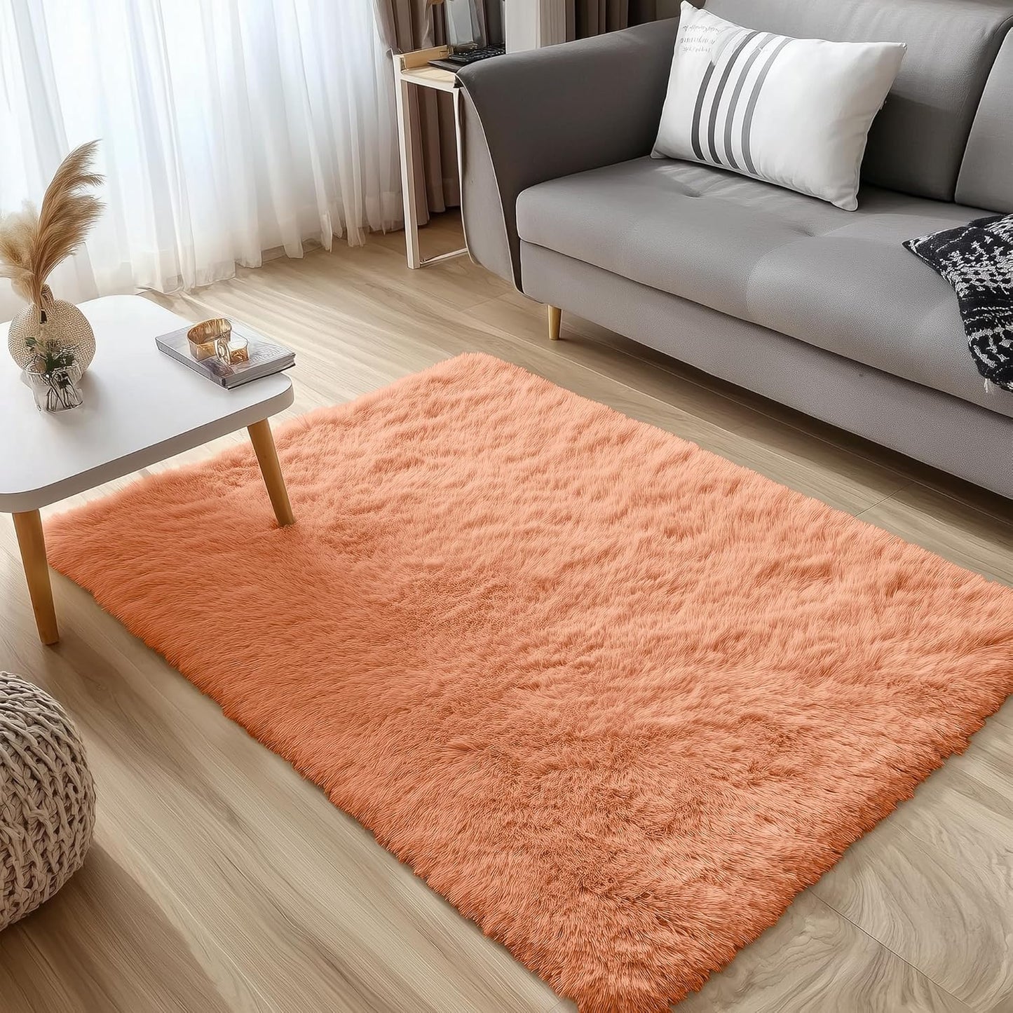 OLANLY Small Bedside Rug - Soft Fluffy Shaggy Carpet for Living Room & Bedroom | Muted Orange, Machine Washable