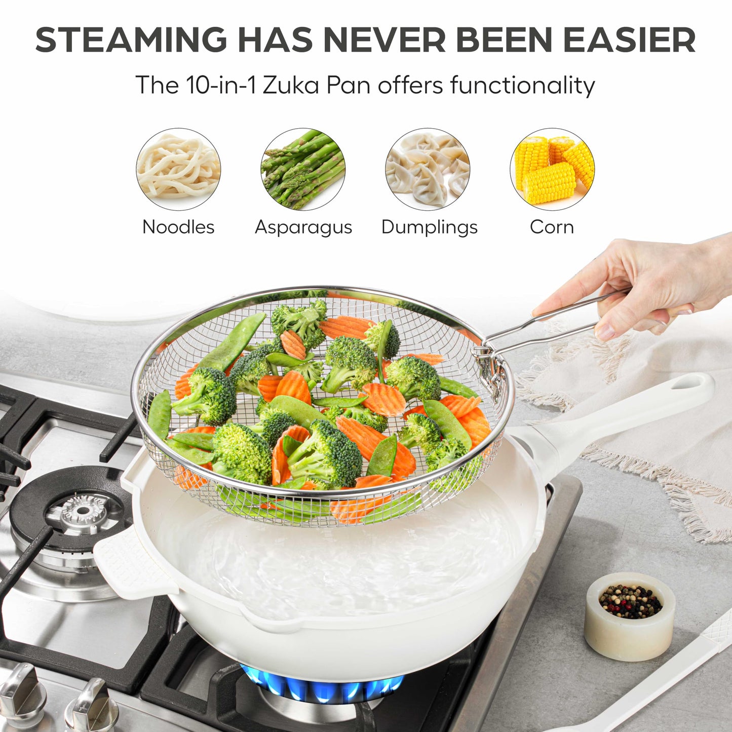 ZUKA 10 in 1 Ceramic Pan by Granitestone, Large 12 Inch Saute Pan with Lid Serves as Deep Frying Pan Set with Steamer, Everyday Skillet, Non Toxic Ceramic Nonstick, Induction Oven & Dishwasher Safe