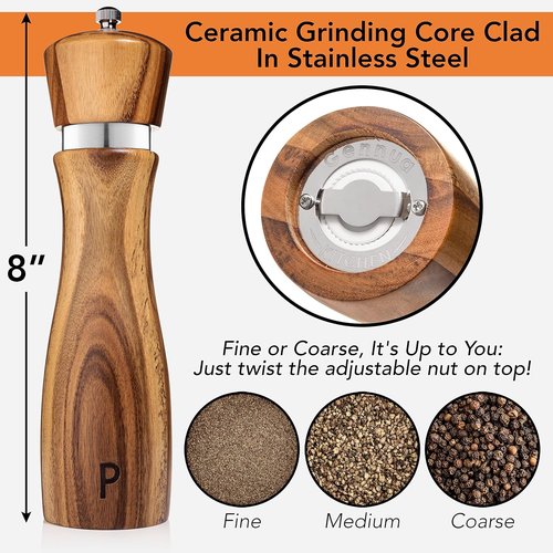 Gennua Wooden Salt and Pepper Grinder Set - Refillable Acacia Mills with Adjustable Coarseness | 8 Inches Each