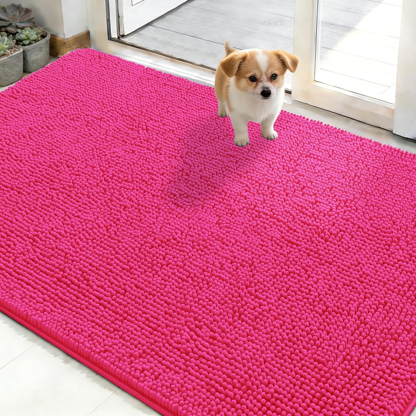 OLANLY Dog Door Mat - Absorbent Non-Slip Mud Mat for Dogs | Quick Dry Chenille, 50x30, Hot Pink