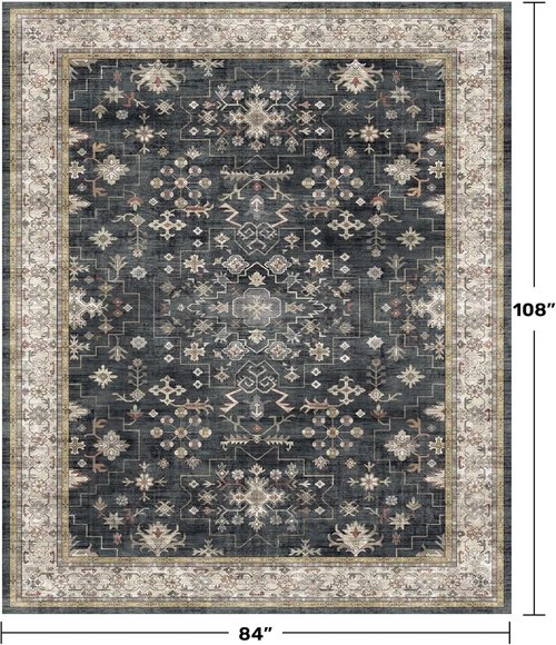Hazo Haus Boho Area Rug - Washable 7x9 Black Dining Room Rug | Non-Slip Low Pile for Farmhouse Decor