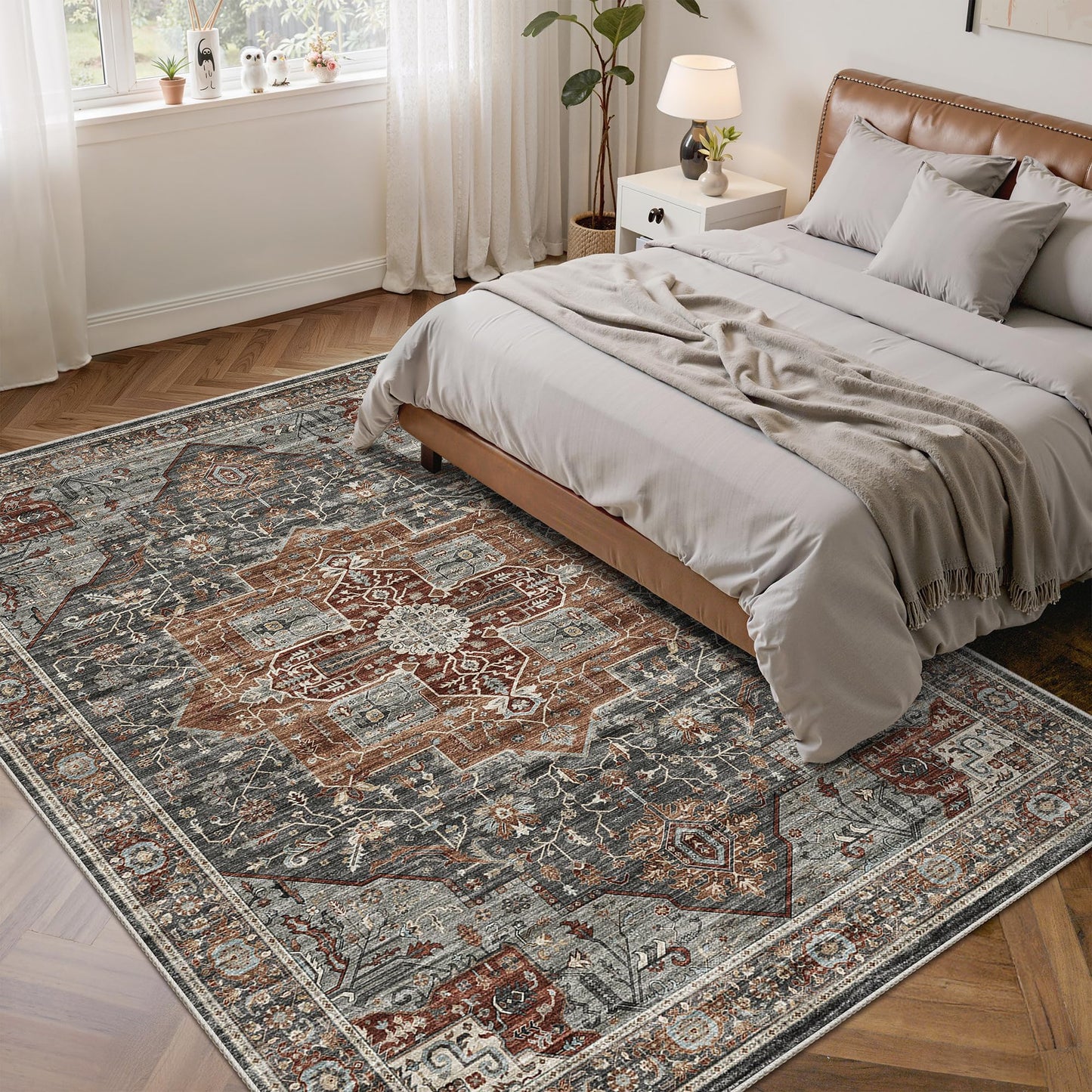 Roxstand 5x7 Area Rugs, Stain Resistant Machine Washable Area Rugs with Non-Slip Backing, Vintage Rugs for Bedroom, Living Room, Large Soft Low Pile Area Rug (Grey/Brown/Tan, 5'x7')