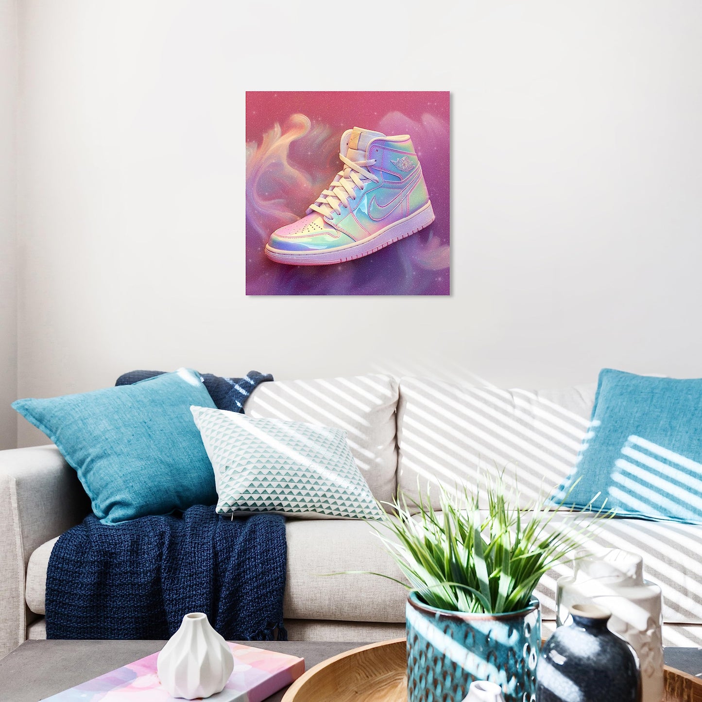 Wynwood Studio Fashion and Glam Contemporary Canvas Art - Holo Dreams Sneaker, Wall Art for Living Room, Bedroom, and Bathroom, 20 in x 20, Pink and Purple Home Decor