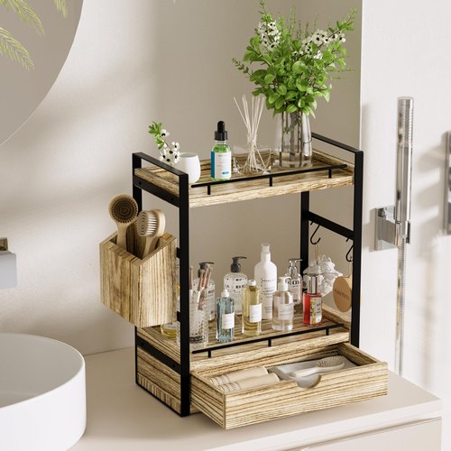 CeleVista 2-Tier Wood Bathroom Counter Organizer, Countertop Organizer with Drawer and Storage Basket, Bathroom Sink Organizer for Vanity, Skincare, Makeup, and Daily Essentials (Light Brown)