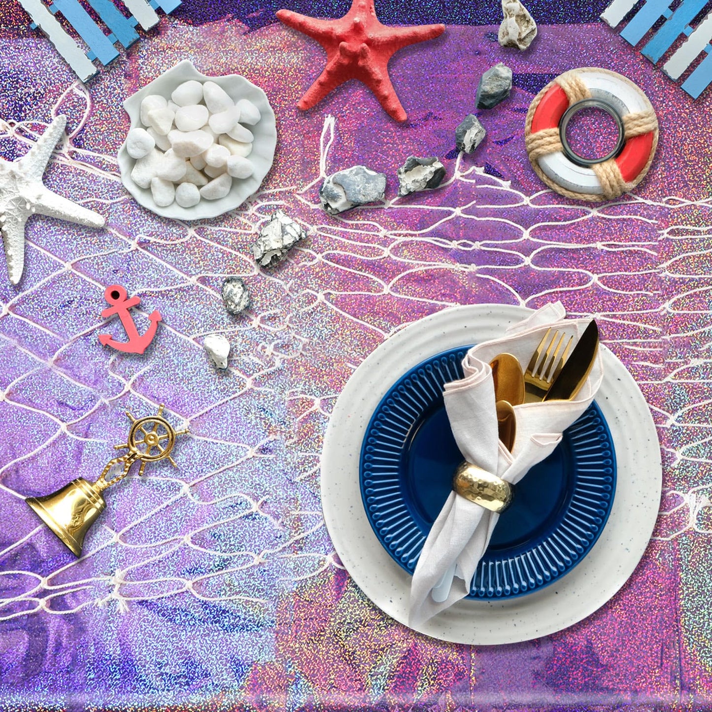 Oudain 12 Pcs Mermaid Tablecloth Fish Net and Iridescent Plastic Table Cloth Decorations Set for Mermaid Birthday Decorations,Ocean Summer Sea Theme Party Baby Shower (Purple,Blue,Pink)