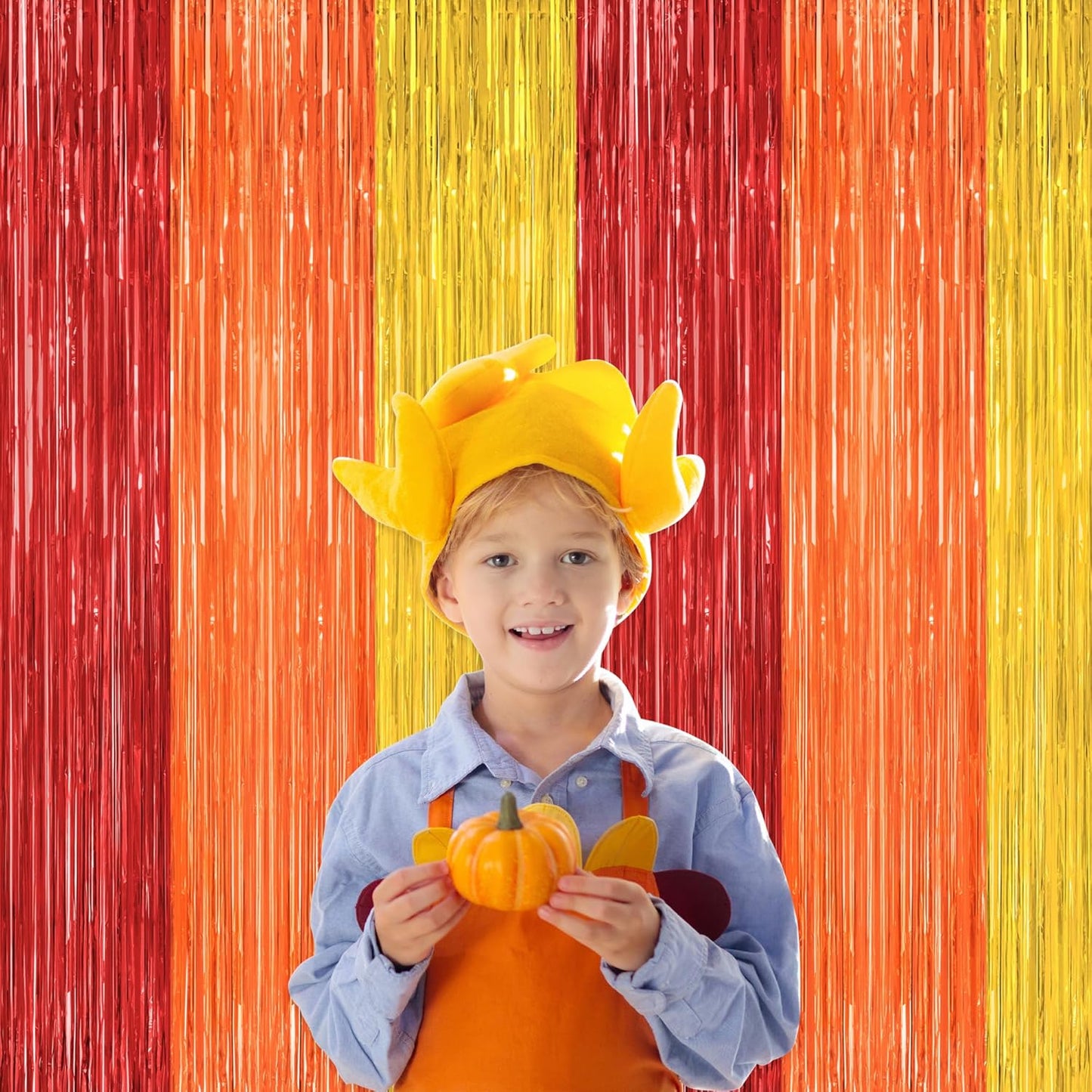 Regine Switzerland Thanksgiving Backdrop - 2 Pack Red Orange Gold Metallic Fringe Curtains | 3.28 FT x 7.05 FT Party Decor