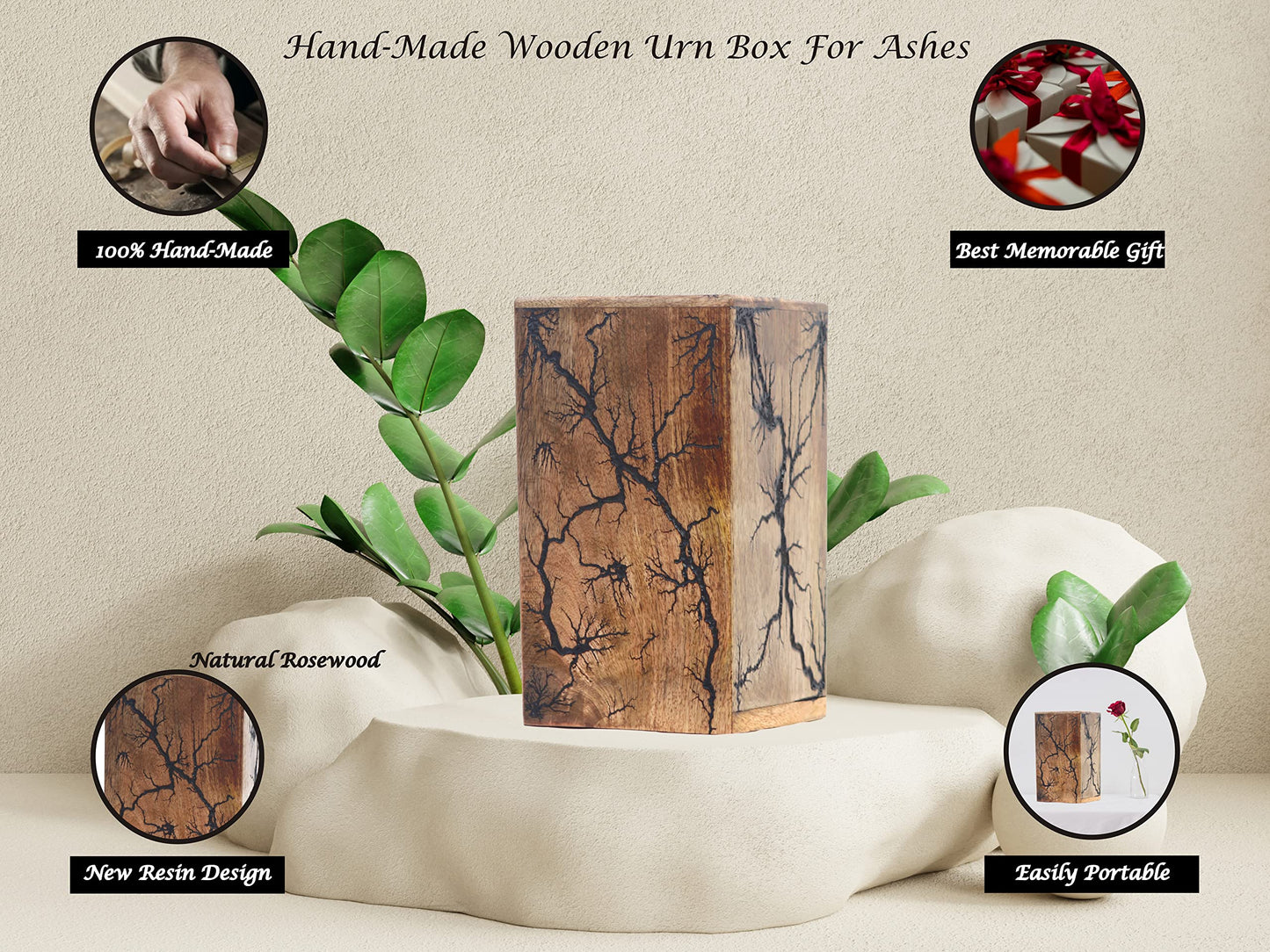 Wooden Urn Box Funeral Cremation Urns for Human Ashes Adult Large - Burial Urns for Columbarium - Fractal Burn Wooden Urn Box - Cremation Urns for Adult Ashes up to 25lbs (5" x 4.25" x 4.25")