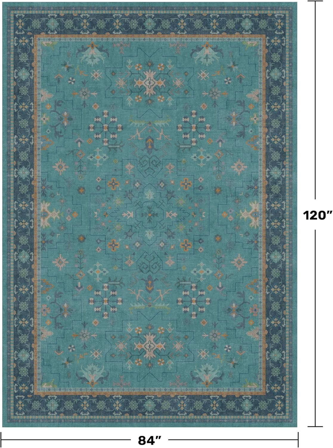 Teal 7x10 Large Area Rug - Washable Soft Floral Pattern for Living Room & Bedroom Décor