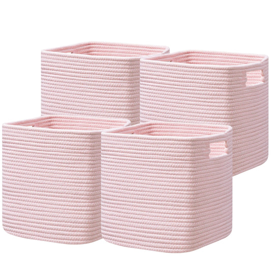 Dreamcountry 13x13 Cube Storage Bins, Storage Cubes with Handles, 4 Pack Cotton Rope Basket for Shelves, Cube Storage Organizer forToys, Book, Clothes, Home, Office, Nursery, Pink