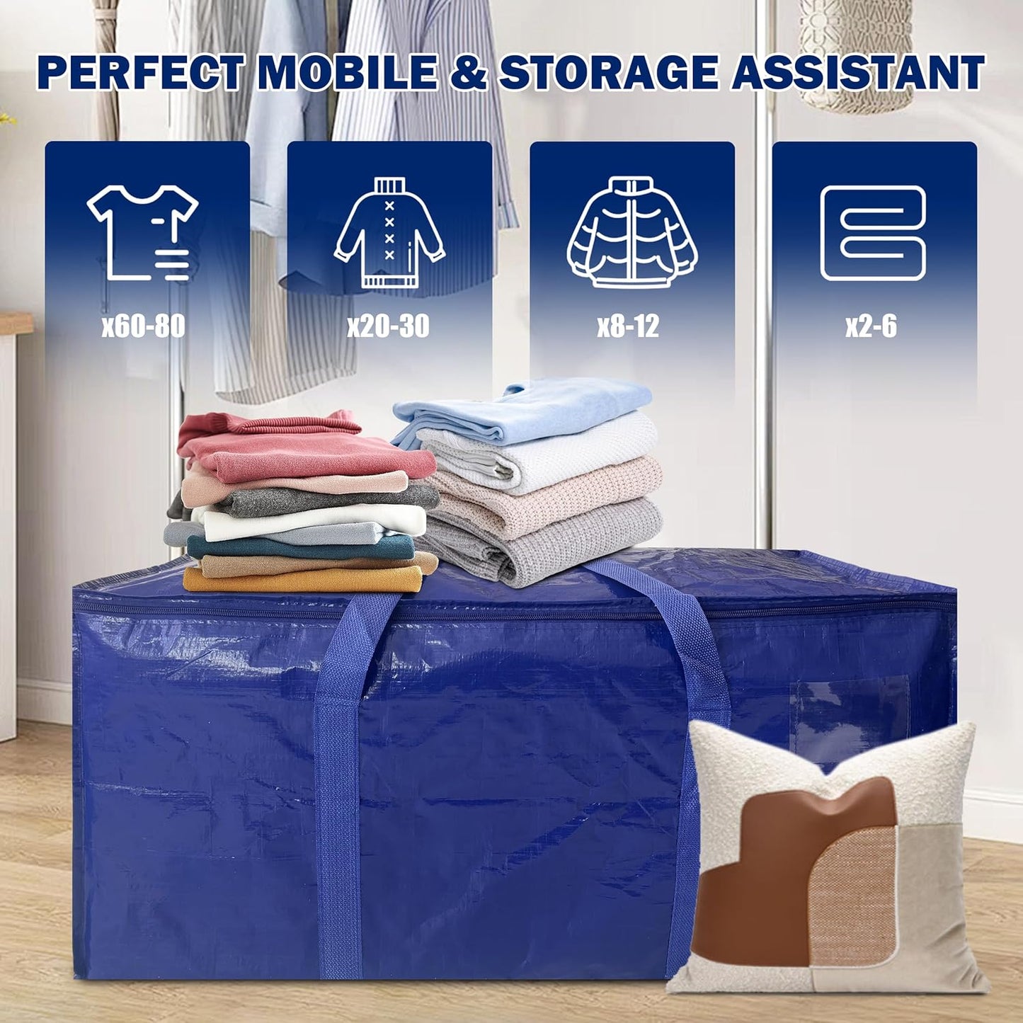 Skiennix Extra Heavy Duty Moving Bags - 8 Pack with Strong Zipper & Handles | 24 Gallon Dark Blue Storage Totes