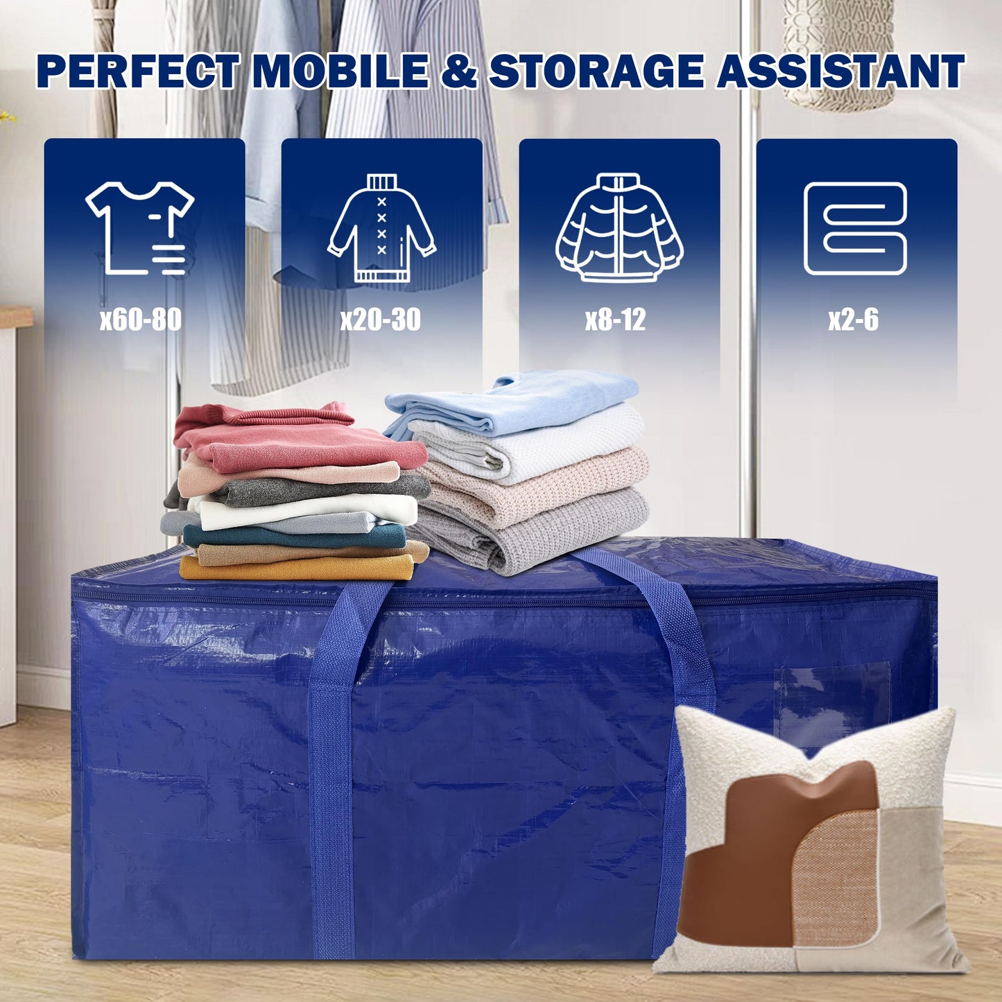 16 Pack Extra Heavy Duty Large Moving Bags with Strong Zipper & Carrying Handles, Sturdy Clothes Storage Bag Totes Bins, Packing Bags Moving Boxes College Moving Supplies, Dark Blue - 24 gal