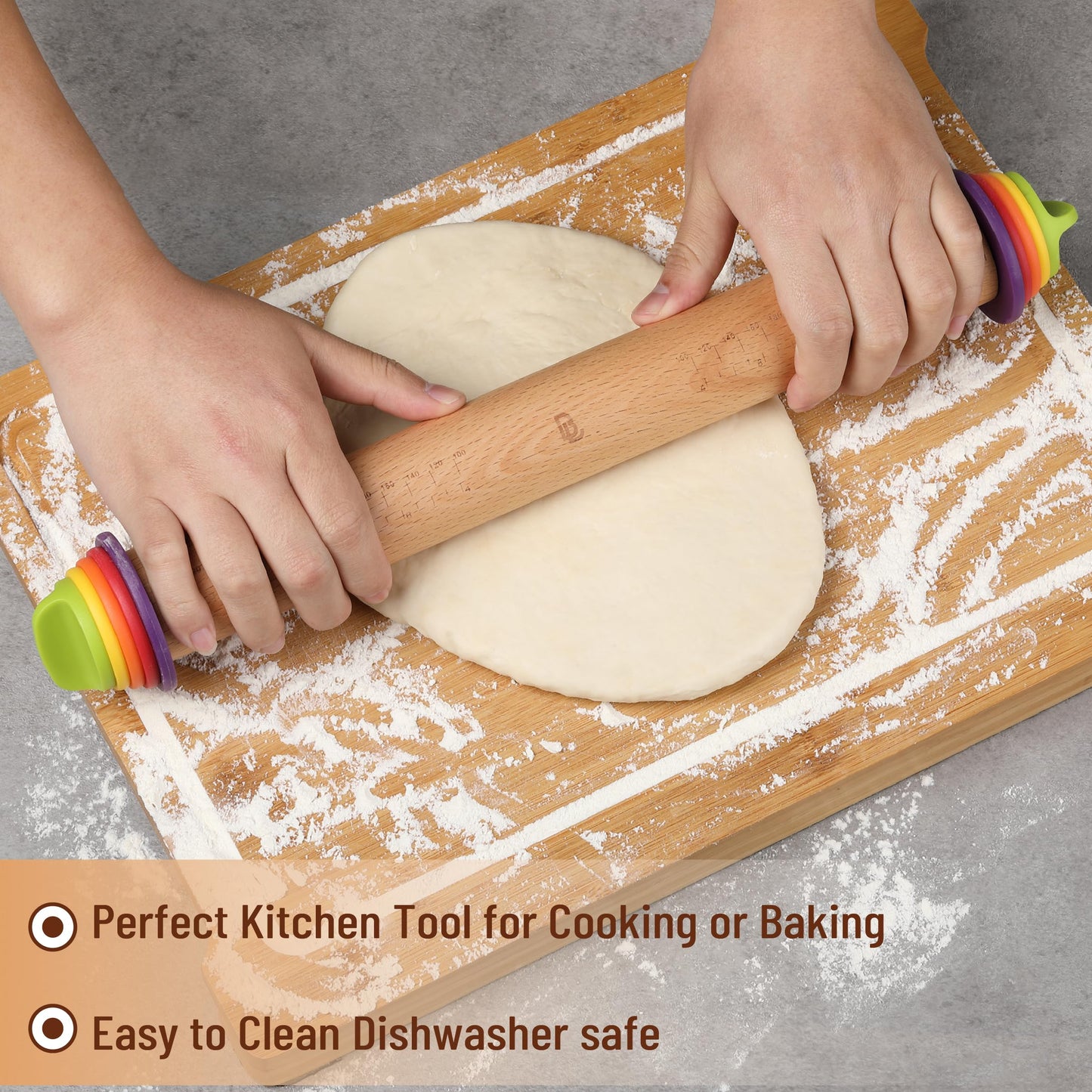 BAMBOO LAND- Adjustable Rolling Pin with Thickness Rings for Baking, 13.8", 4 Colorful Thickness Rings (2-10 mm or 1/16"-3/8"), Wood Rolling Pins for Baking, Bread, Pizza Doughs