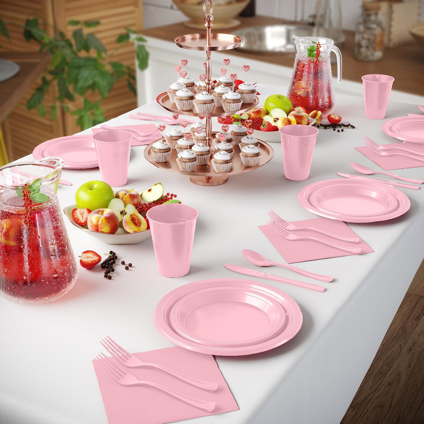 350 Pcs Pink Plastic Plates For Party, Pink Disposable Plates Set, 50 Of Each 9" Dinner Plate Set, 7" Dessert Plate, Cups, Napkins & Cutlery Plastic Dinnerware Set Exquisite