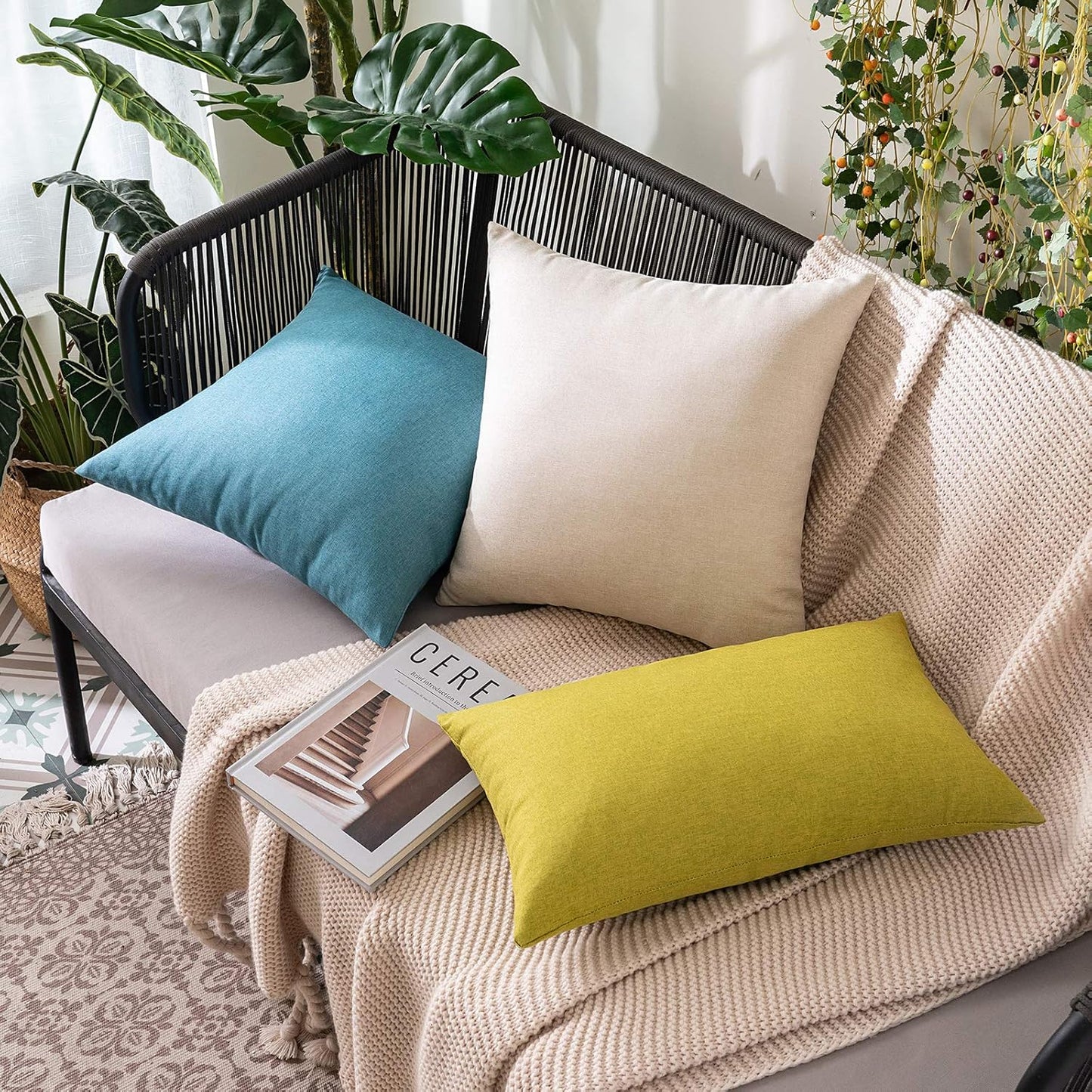 MIULEE Decorative Outdoor Throw Pillow Covers - Waterproof Faux Linen Cushion Cases | 22x22 Inch Beige (Pack of 2)