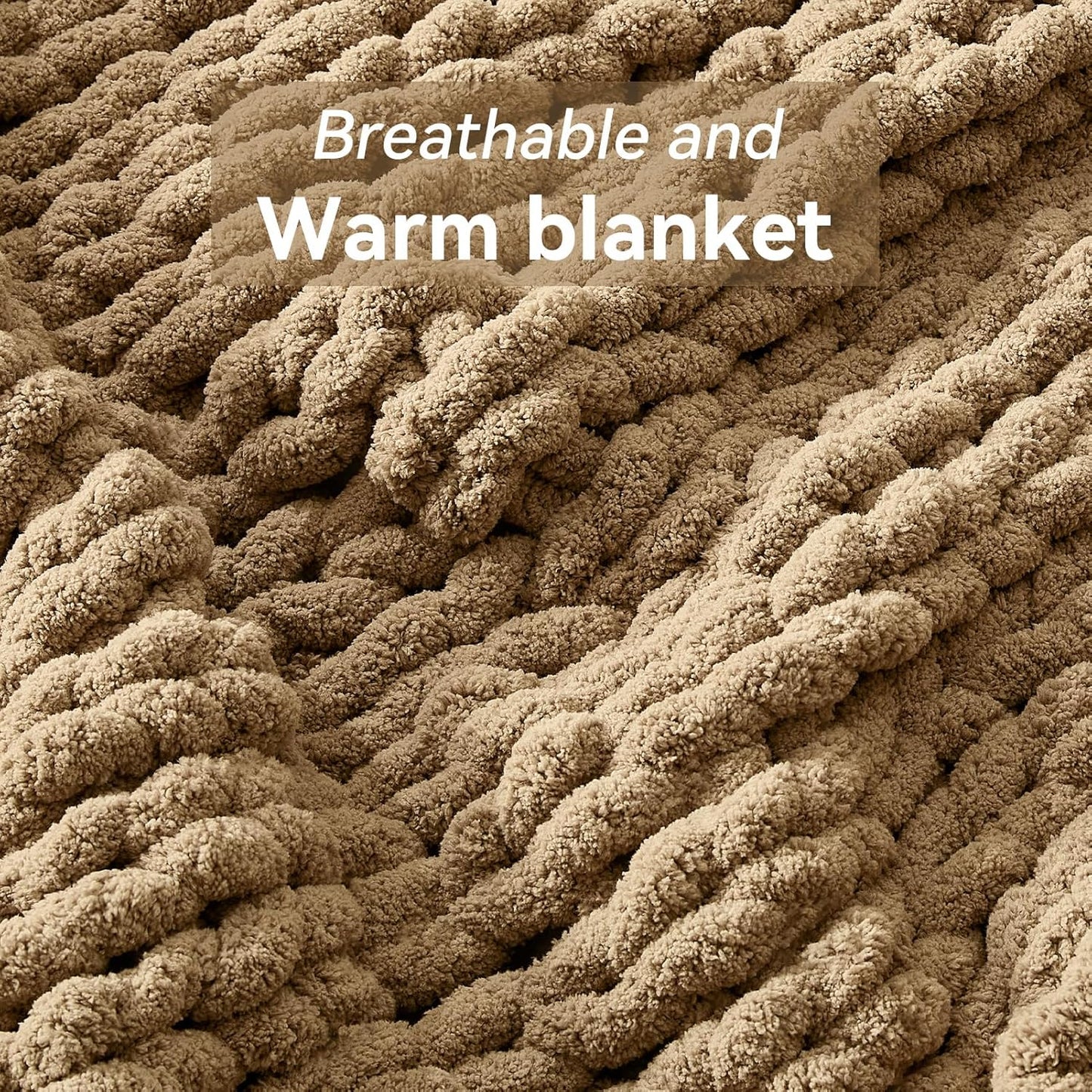 Negwoo Chunky Knit Throw Blanket - Handmade Light Brown Chenille Yarn | 40'' x 50'' Cozy Decor