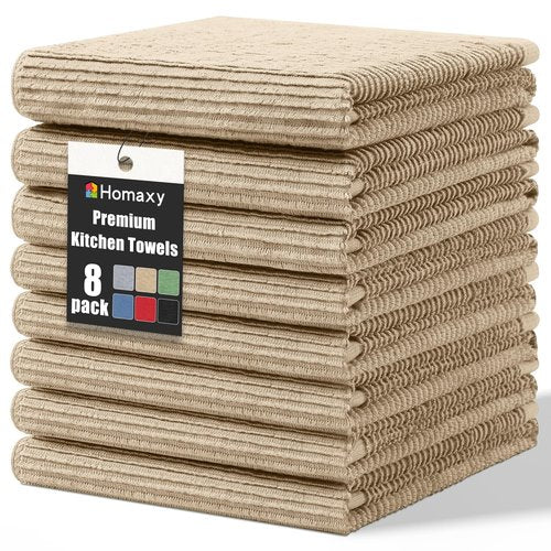 Homaxy Premium Kitchen Towels (18"x 28", 8 Pack), Large 100% Cotton Kitchen Hand Towels, Ultra Absorbent Ribbed Terry Tea Towels Set with Hanging Loop, Khaki