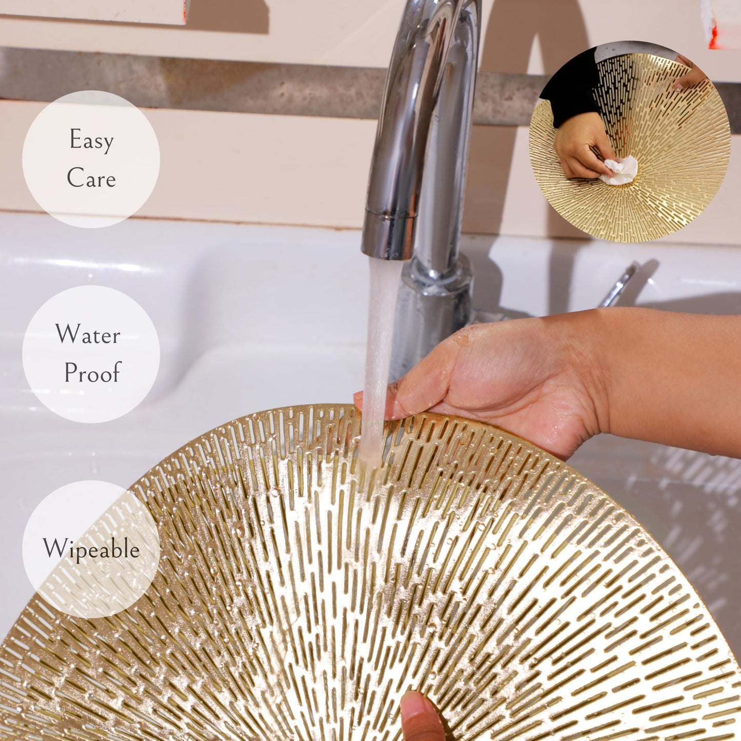 Round Placemats Gold Metallic Set of 6 Vinyl Hollow Placemats 15 Inch, Washable Easy Clean Wipeable Non Slip Stain Heat Resistant Dining Table Place Mats for Wedding Party Decoration by Snowkingdom