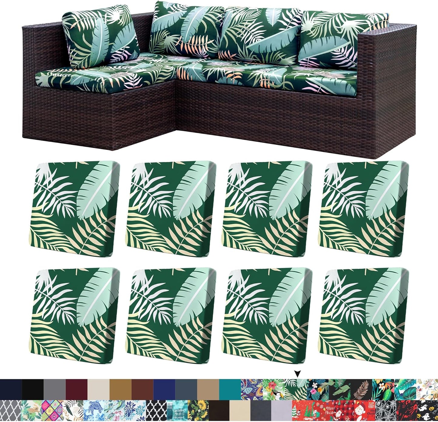 Skiennix 8Pcs Stretch Patio Cushion Covers - Washable Outdoor Sofa Slipcovers | Green Forest