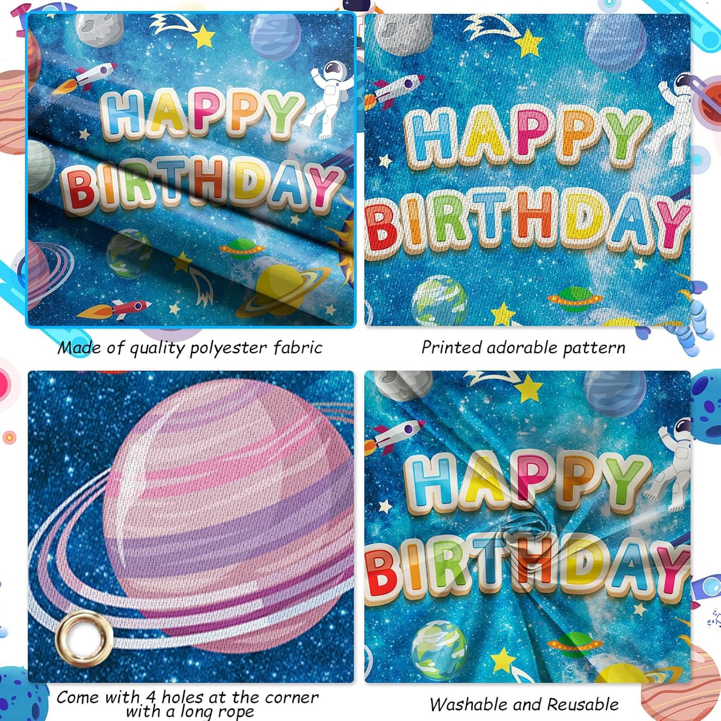 Space Happy Birthday Backdrop Banner - Large Blue Astronaut Decorations for Kids' Galaxy Theme Party