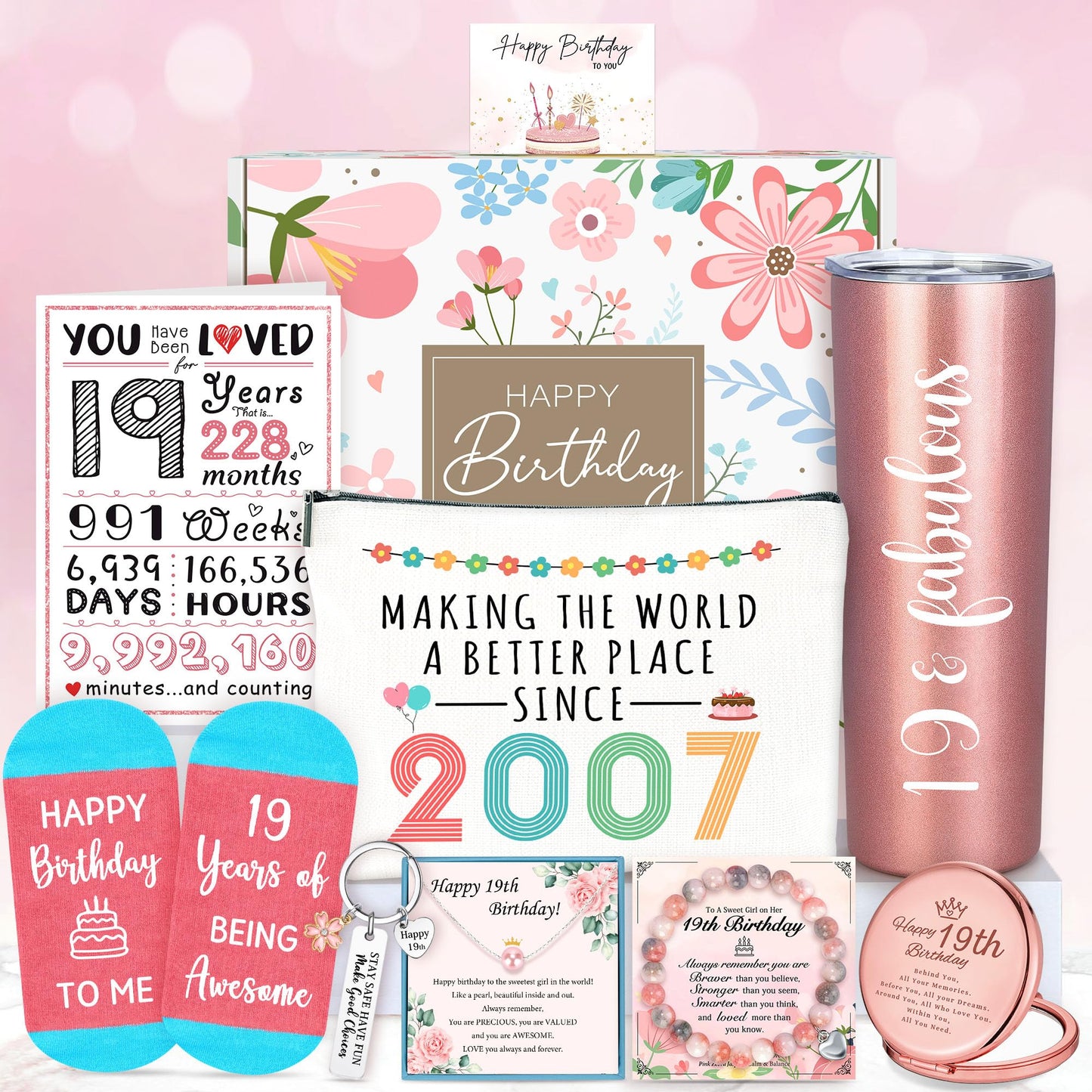 19 Year Old Girl Birthday Gift Ideas Happy 19th Birthday Gifts for Girls Unique Gifts for 19 Year Old Female, Women, Daughter, College Girls Cool 19th Decorations Gift Box with Tumbler Makeup Bag