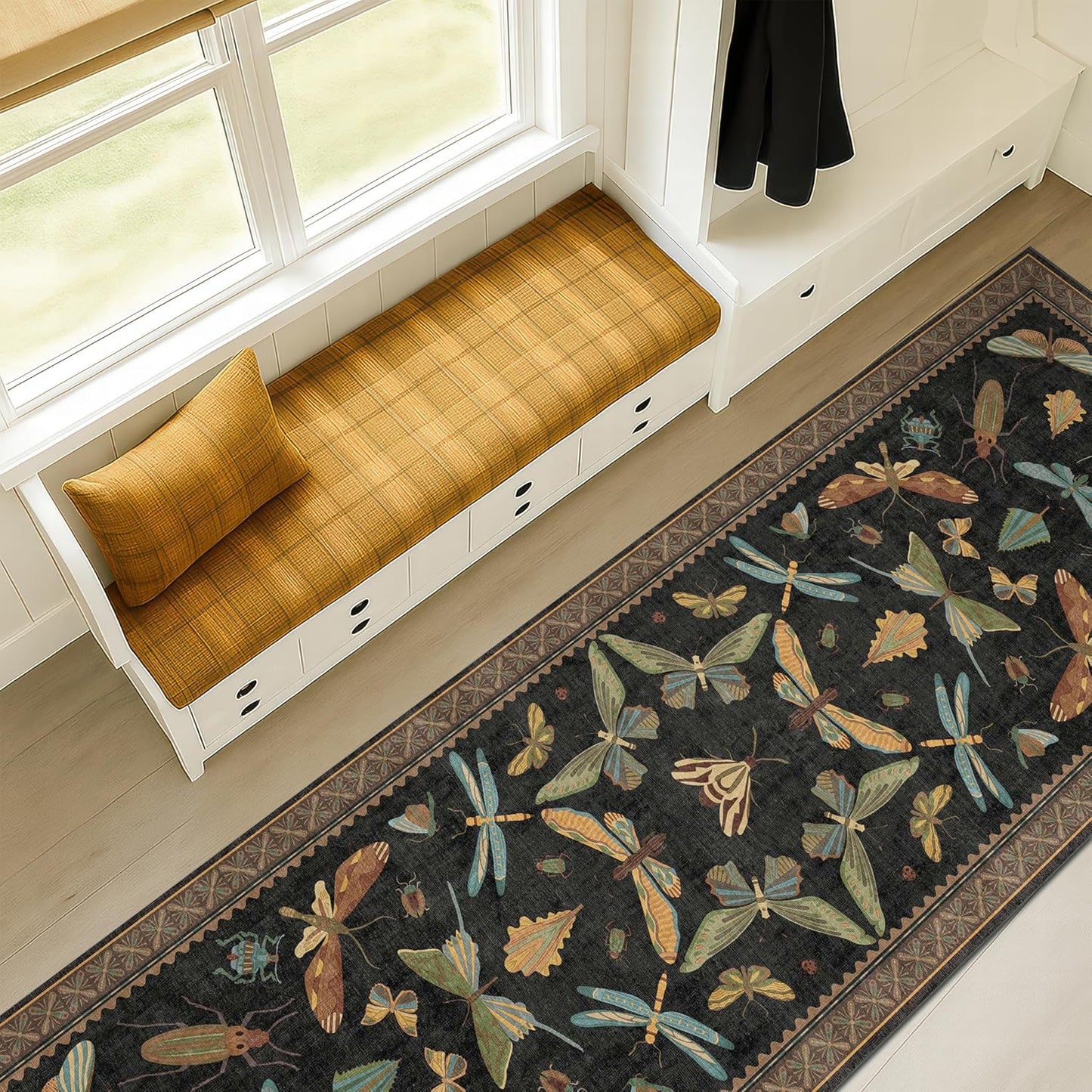 Skiennix Black Insect Washable Non-Slip Runner Rug - 2'6"x8' Stain-Resistant for Kitchen & Hallways | Dark Floral Boho Decor