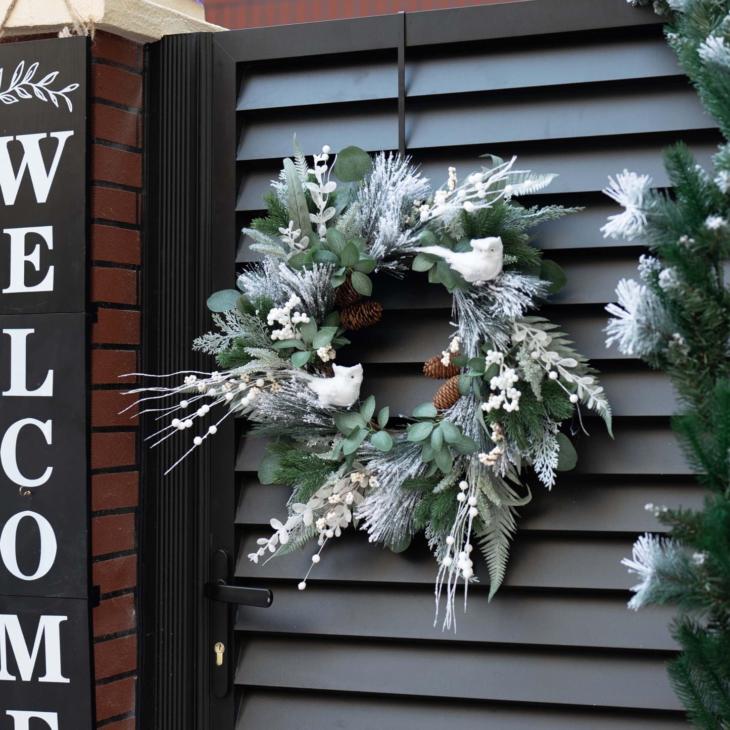 Pinkpuii Winter Wreaths for Front Door 24 Inch Snowy Flocked Christmas Wreath Artificial Green Olive Eucalyptus Wreath with Cute White Owl,Pine Cones,Cedar,White Berries for Indoor Outdor Decor