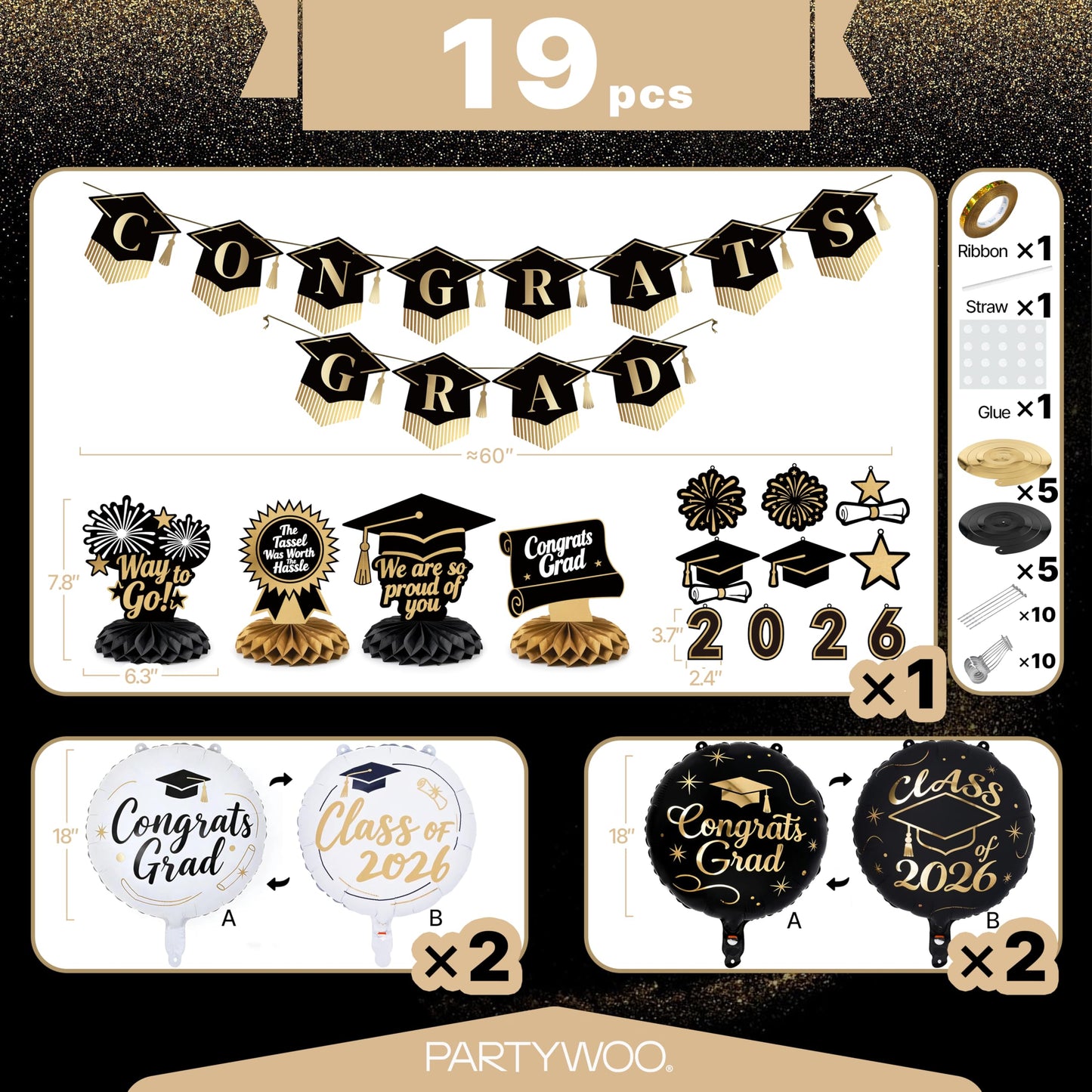 PartyWoo Graduation Decorations Class of 2026 Black Gold 19pcs Grad Party Supplies with Black Gold Congrats 2026 Grad Banner Hanging Swirls Foil Balloons Graduation Cap Centerpieces Party Decorations