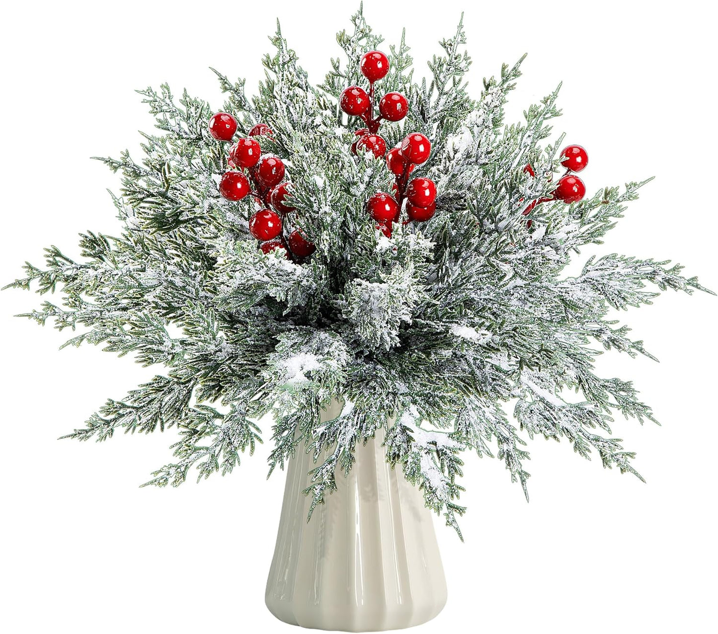 Skiennix 45 Pcs Artificial Christmas Snow Pine Branches - Snowy Faux Greenery with Red Berries for Home Decor