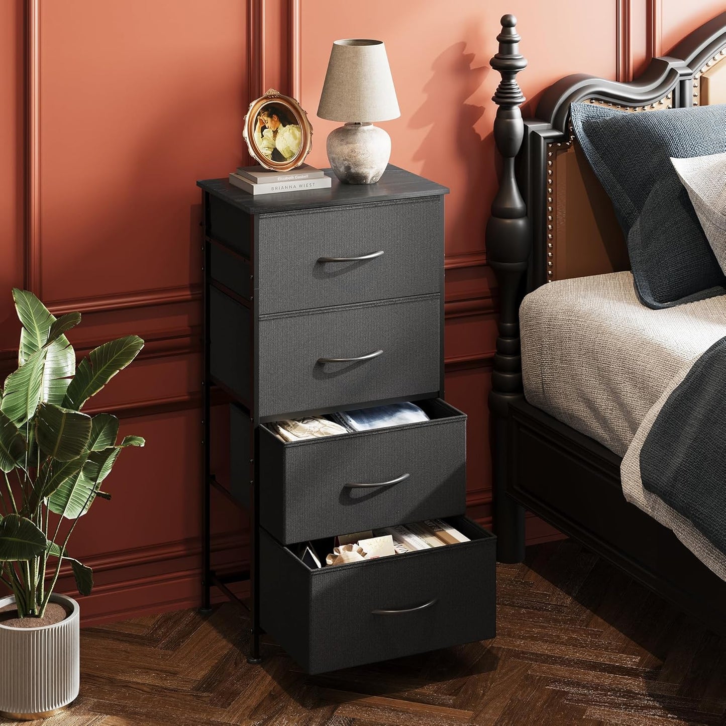 WLIVE Dresser - 4 Drawer Fabric Storage Tower with Sturdy Steel Frame | Charcoal Black