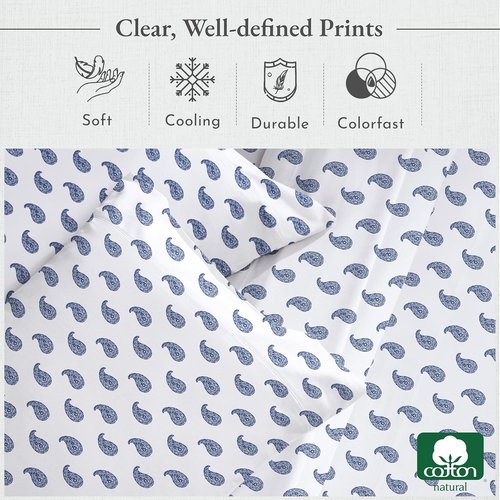 California Design Den Twin Sheet Set - 400 Thread Count Sateen, 100% Cotton, Durable Bedding - Paisley Blue