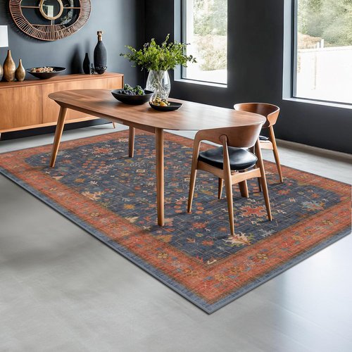 Hazo Haus 6x9 Area Rug - Washable Non-Slip Dining Room & Living Room Rug | Navy Blue & Terracotta Vintage Boho Decor