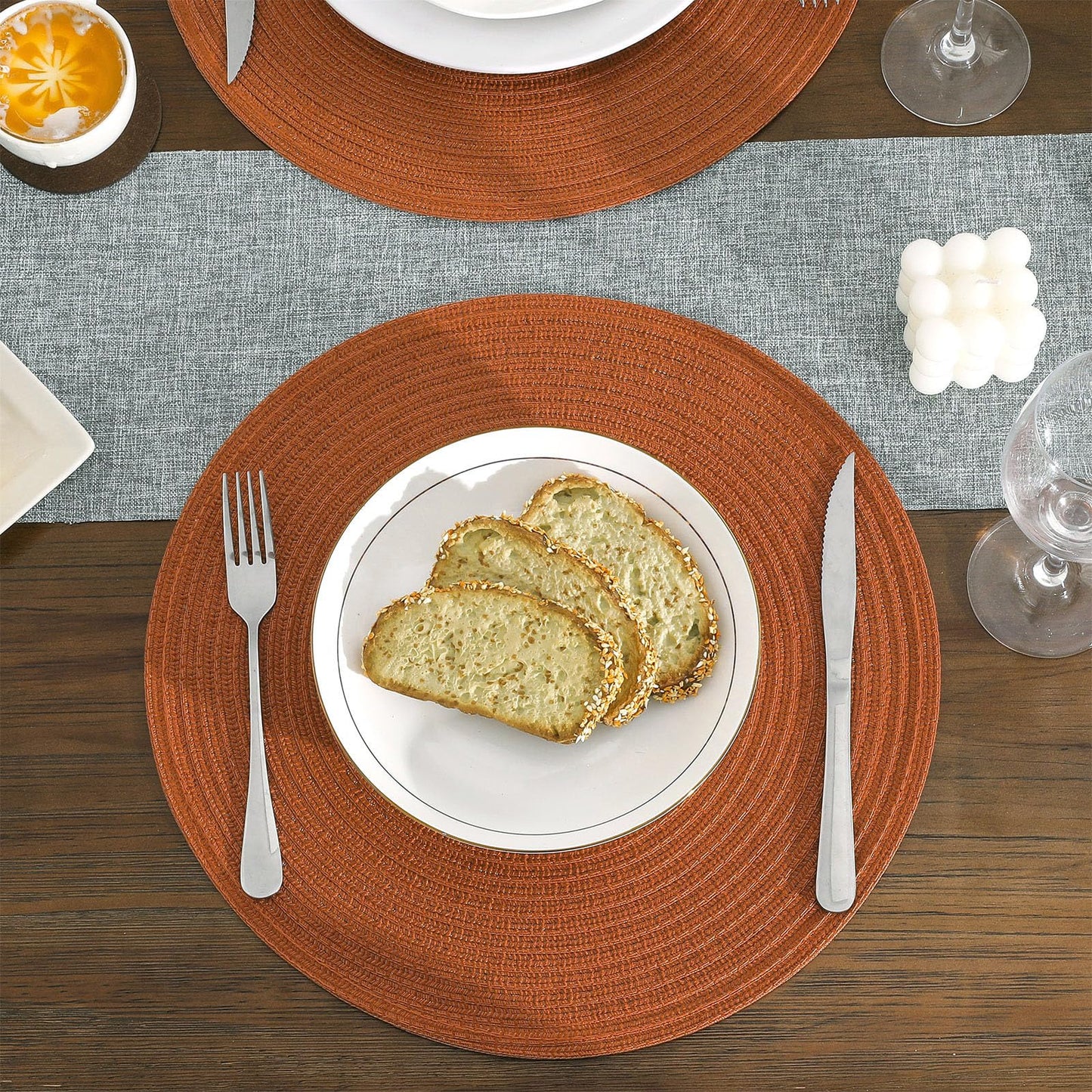 SHACOS Round Placemats Set of 6 Washable 15 inch Round Placemat Cotton Polyester Woven Braided Table Place Mats for Dining Table Decor, Dark Orange