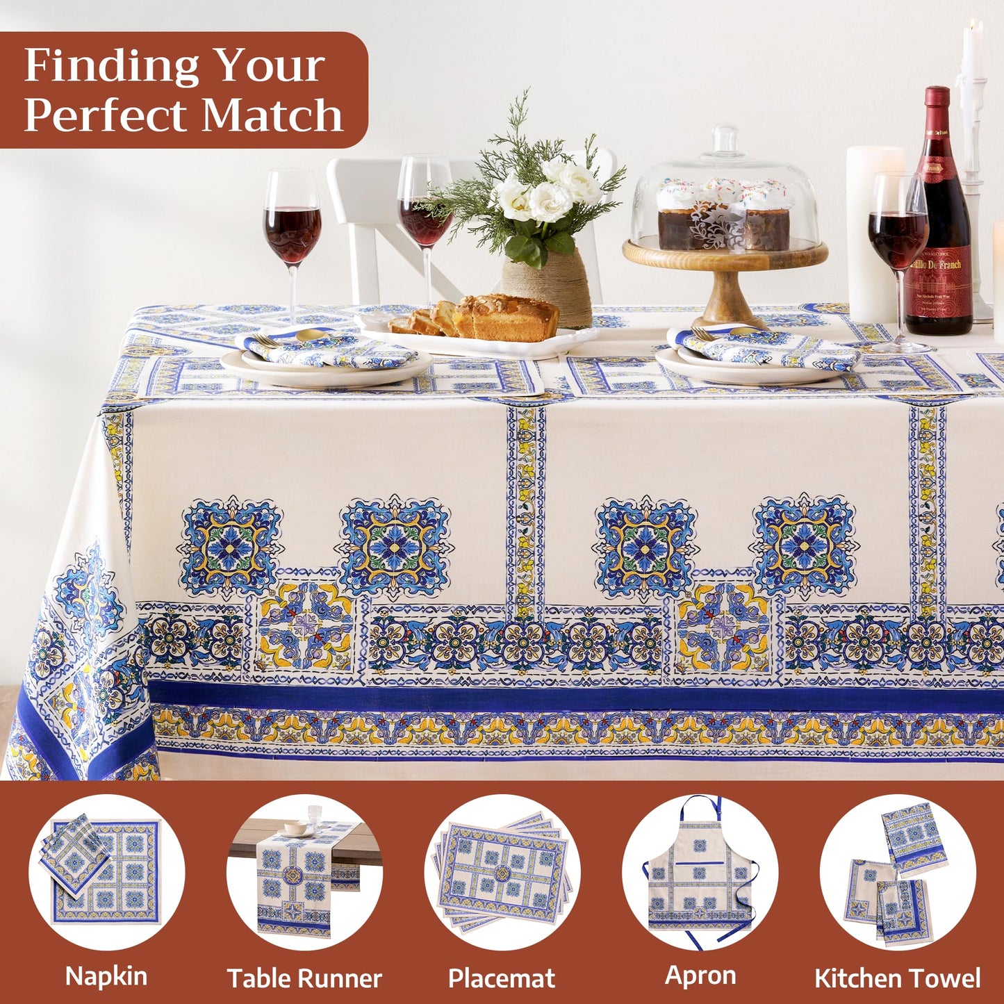 Maison d' Hermine Premium Table Cloth Rectangle Table 100% Combed Cotton 90 x 70 Inches Tablecloth Reusable Decorative for Dining Room, Farmhouse, Home, Party, Festive & Wedding - Sciacca