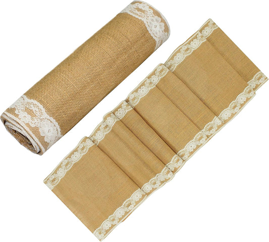 Jute Table Runner Set - 2 Pack Natural Burlap with White Lace Trim, 12x108 in for Fall & Holiday Dining