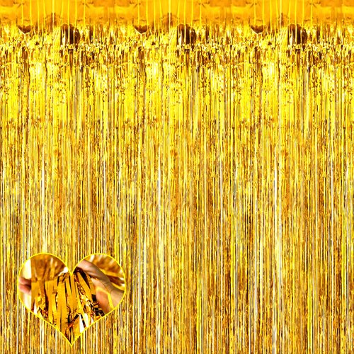 4 Pack Gold Fringe Curtain Backdrop, 3.2Ft x 6.6Ft Metallic Tinsel Foil Fringe Streamers Background for Photo Booth Birthday Wedding Baby Shower Carnival Easter Mother’s Day Party Decorations