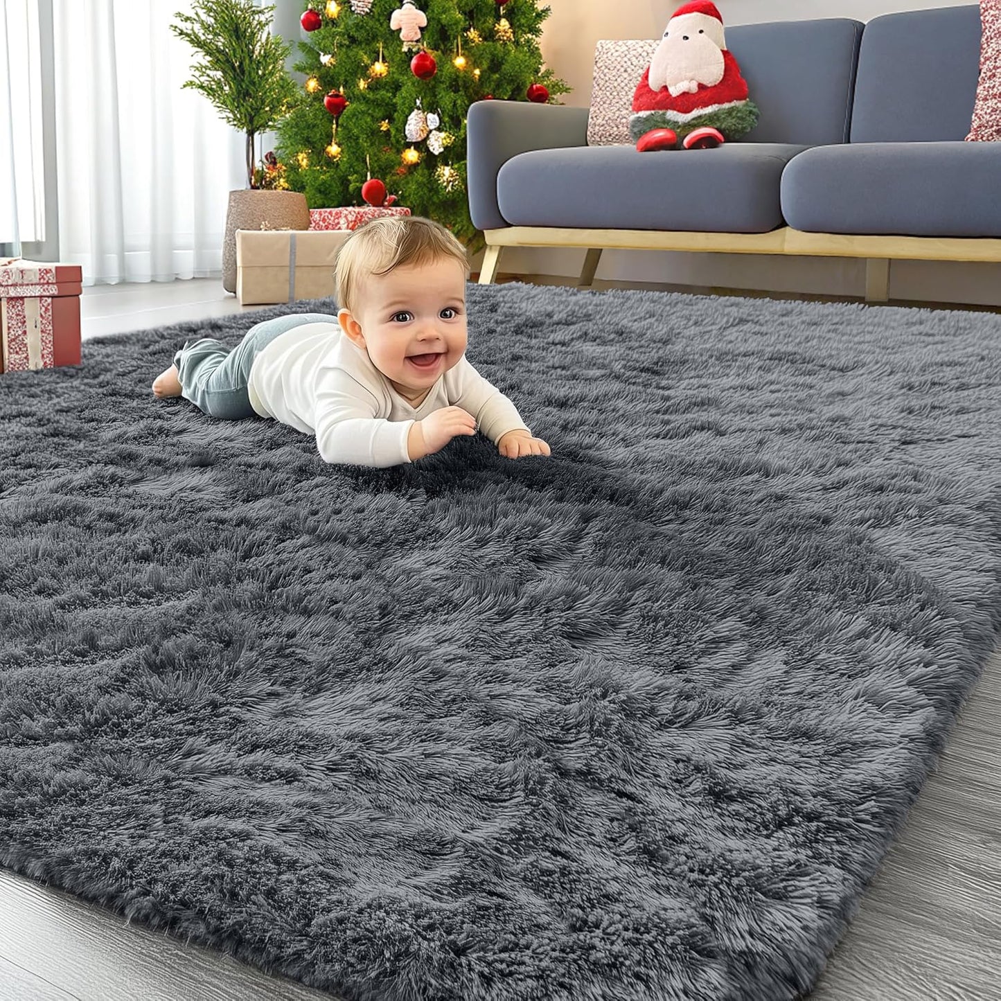 OLANLY Area Rug - Soft Fluffy Shaggy Design | Machine Washable Indoor Carpet for Living Room & Bedroom - Grey