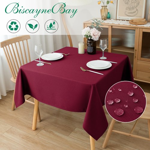 Biscaynebay Textured Fabric Christmas Square Table Cloth 60x60 Square, Burgundy Water Resistant Tablecloths for Dining, Kitchen, Wedding, Parties etc. Machine Washable