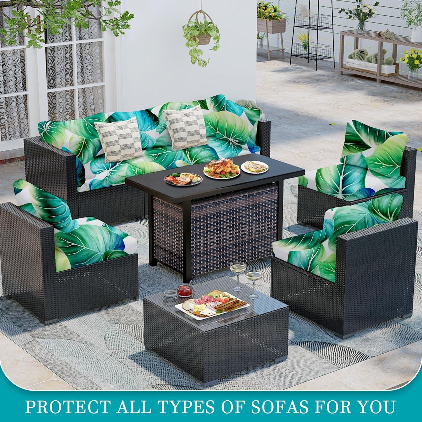 Skiennix 12 Pcs Stretch Patio Cushion Covers - Washable Green Leaf Slipcovers for Outdoor Furniture