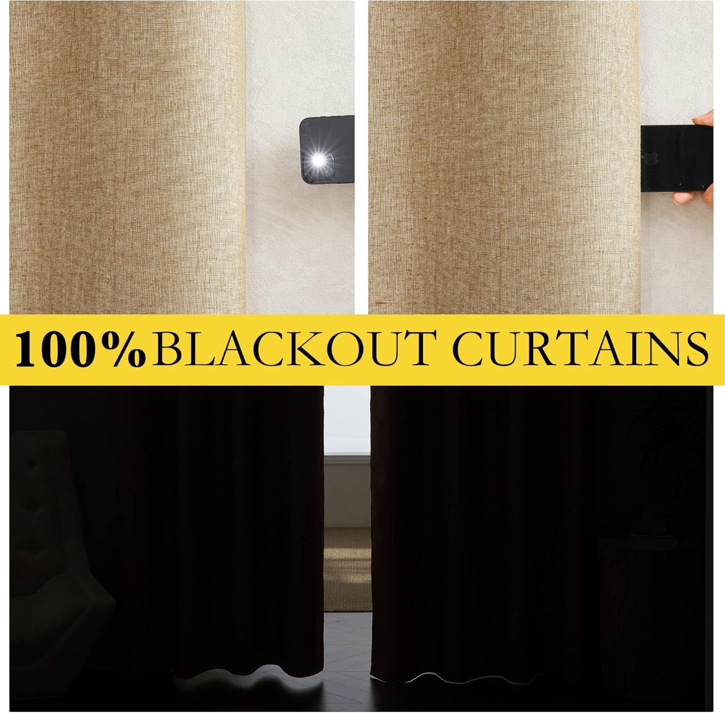 NICETOWN Blackout Linen Curtains - Thermal Insulated White Liner, Camel, 42" x 63", 2 Pieces | Bedroom & Kids Room Drapes