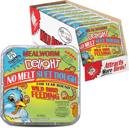 C&S Mealworm Delight Suet Cakes - No Melt Formula for Wild Birds | 11.75 Ounces, Pack of 8