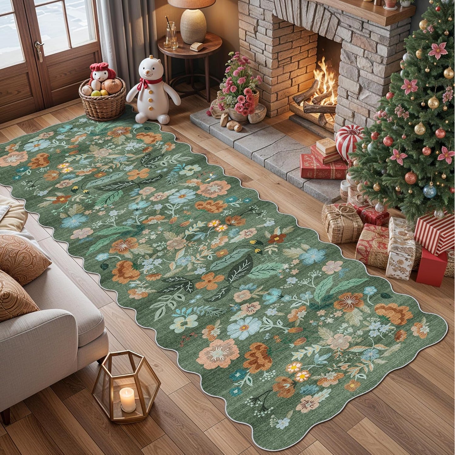 Skiennix Washable 3x10 Hallway Runner Rug - Floral Scalloped Soft Non-Slip Mat for Entryway, Kitchen & Nursery