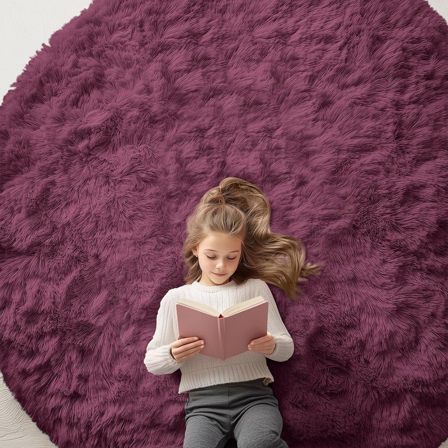 OLANLY Round Burgundy Area Rug - Soft, Fluffy, Machine Washable 7 ft Carpet for Bedrooms & Living Rooms