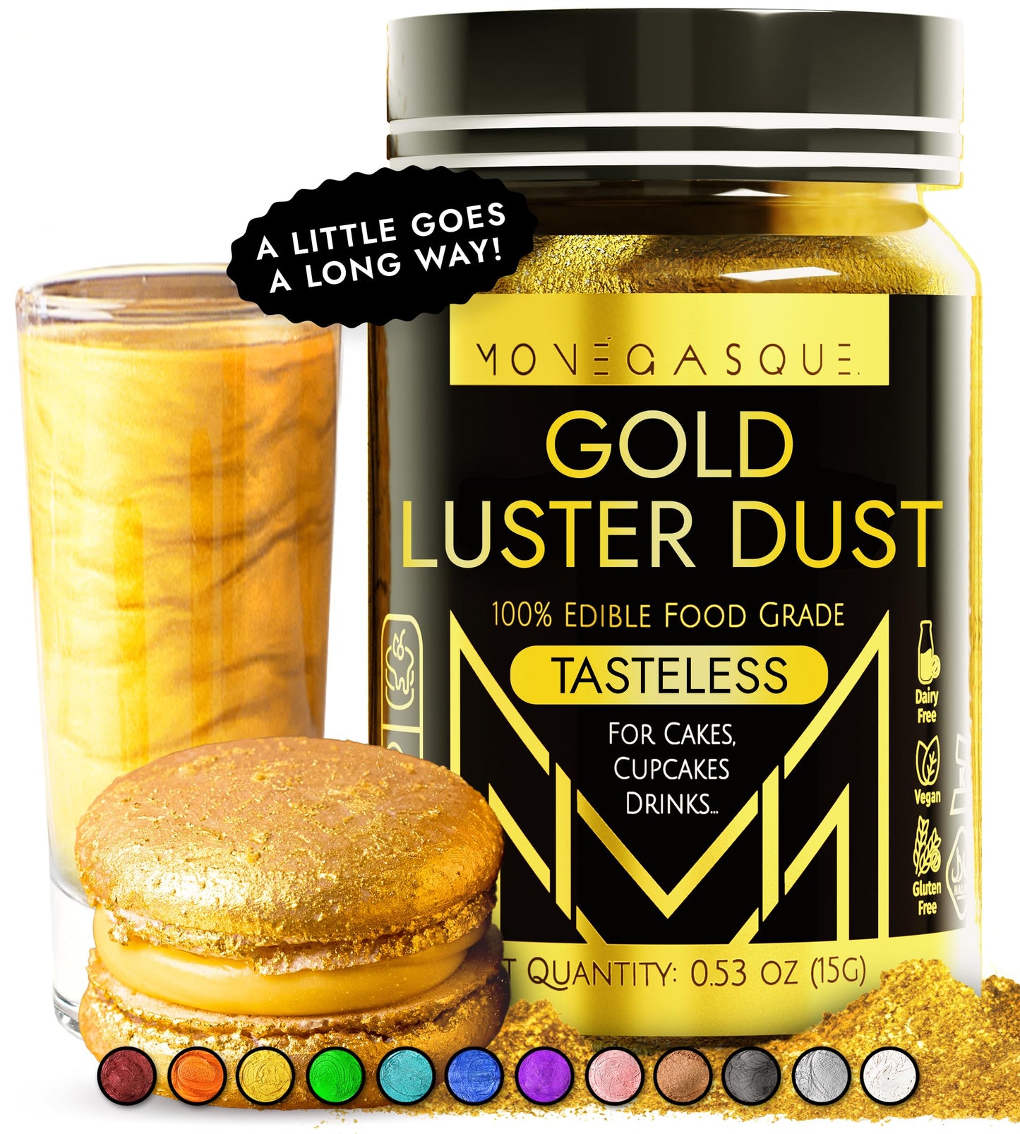 MONÉGASQUE Gold Edible Glitter for Drinks 15g – Edible Glitter for Cakes & Cocktails - Gold Luster Dust for Cocktail, Mothers Day Cake Toppers, Food Decorations Sprinkles Spray - Drink Shimmer Powder