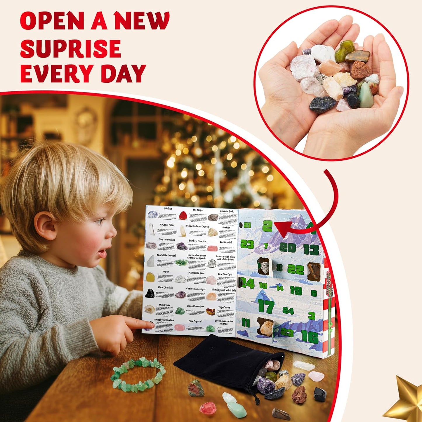 JOYIN Christmas Advent Calendar 2025 - 24 Days of Gemstones Countdown for Kids | Fun Xmas Party Favors