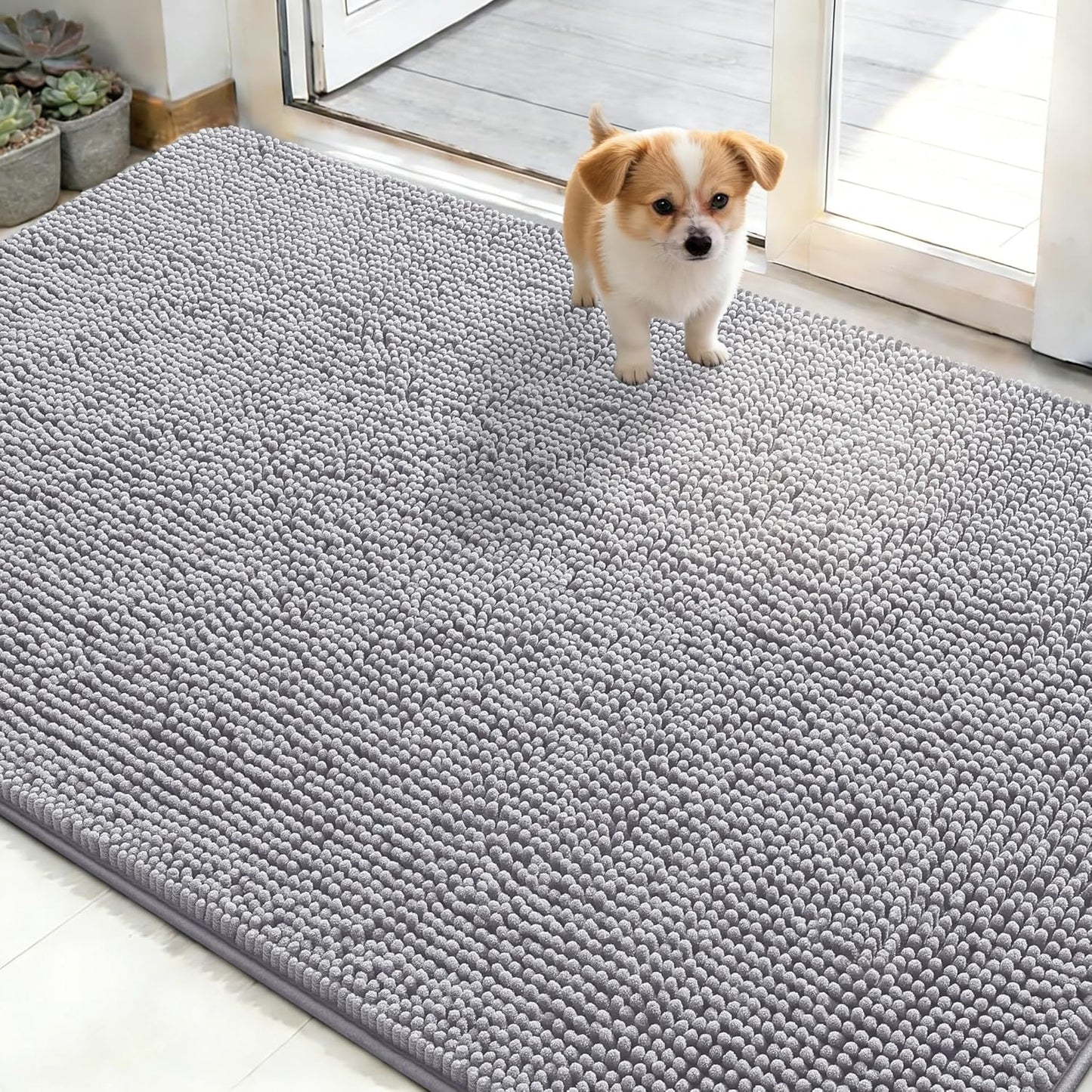OLANLY Dog Door Mat - Absorbent Non-Slip Washable Doormat for Muddy Paws | 50x30 Light Grey