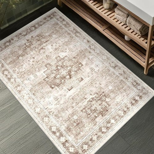 Boho Bathroom Rugs - Soft, Washable Non-Slip Area Rug for Entryway & Kitchen | Modern Farmhouse Design (2x3 Beige/Latte)