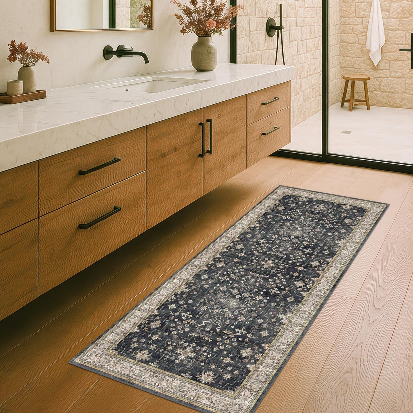 Vintage Floral Runner Rug by Black Entryway - Non-Slip, Washable, Stain Resistant | 2x5 ft Dark Ashen Charcoal
