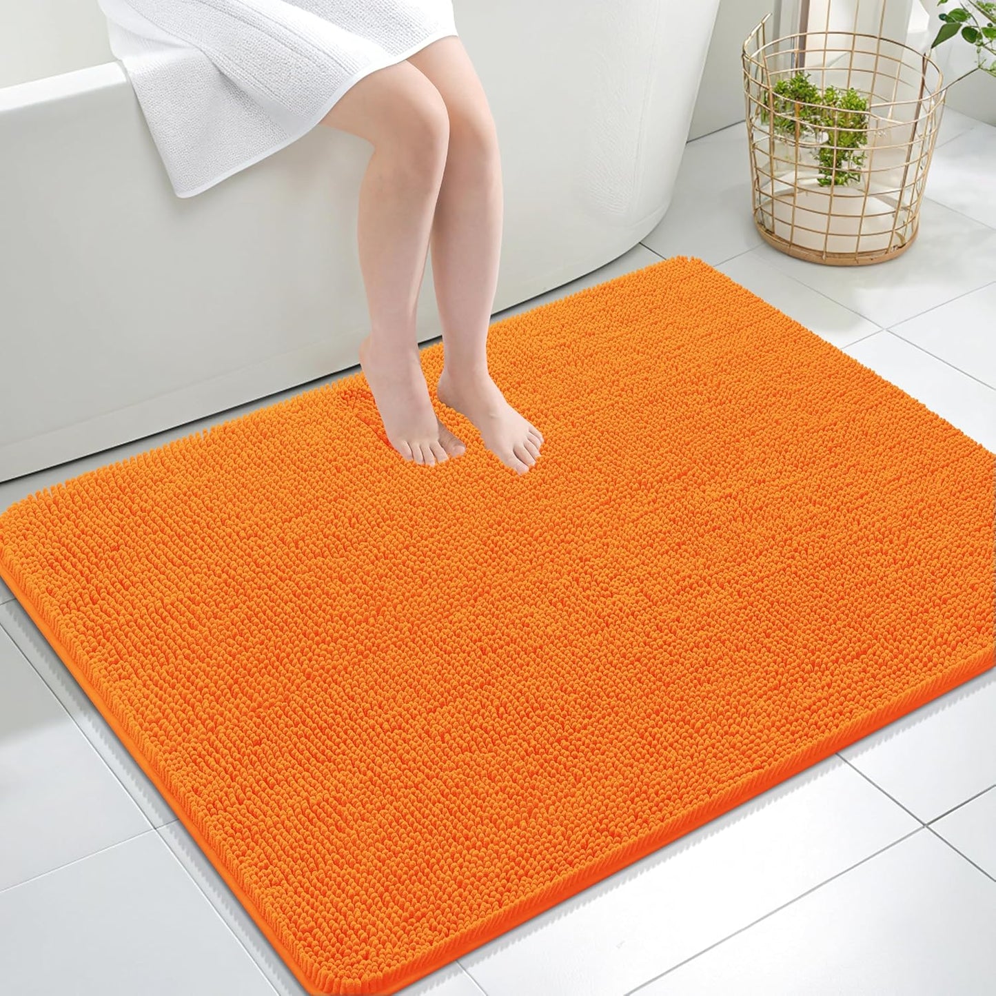 OLANLY Large Chenille Bath Rugs - Extra Soft & Absorbent | Quick Dry, Machine Washable, 44x32, Orange