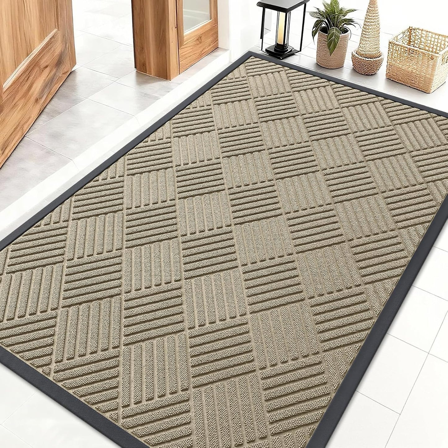 OLANLY Heavy-Duty Front Door Mat - Absorbent Natural Rubber, Stain & Fade Resistant | 47x32, Beige Diamond